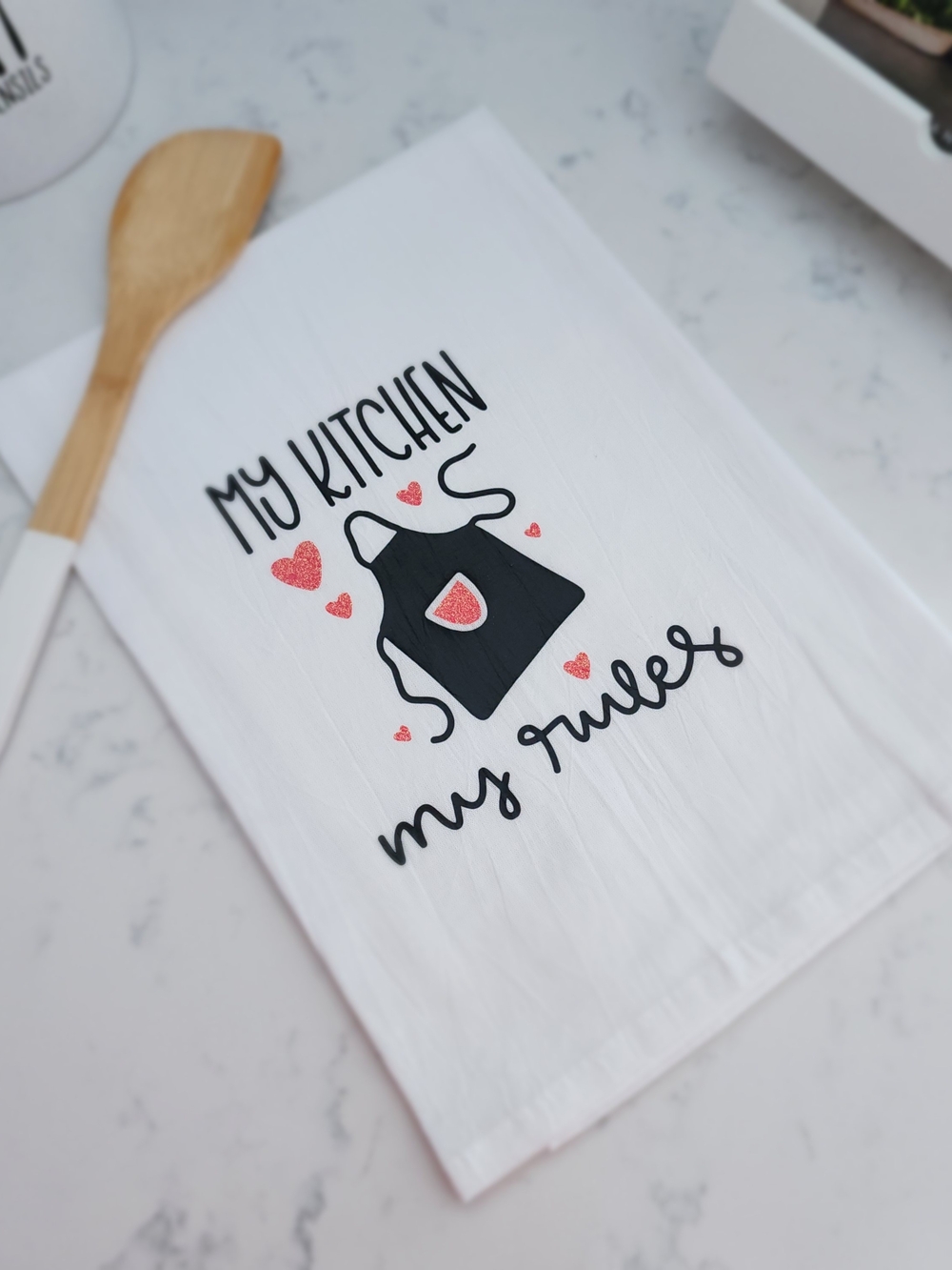 My Kitchen My Rules Cotton Dish Towel - White with Black and Glitter Pink Design